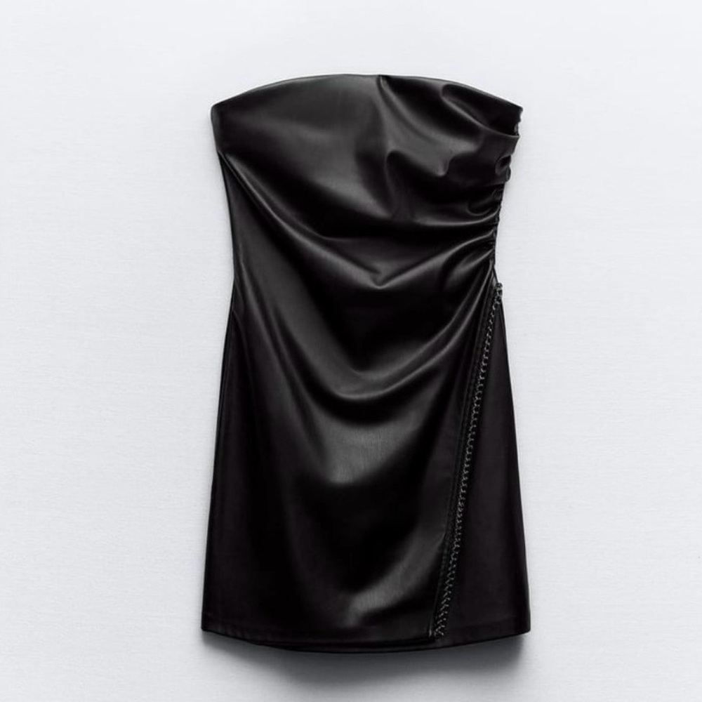 Zara Faux Leather Chain Detail Mini Strapless Dress in Black — S